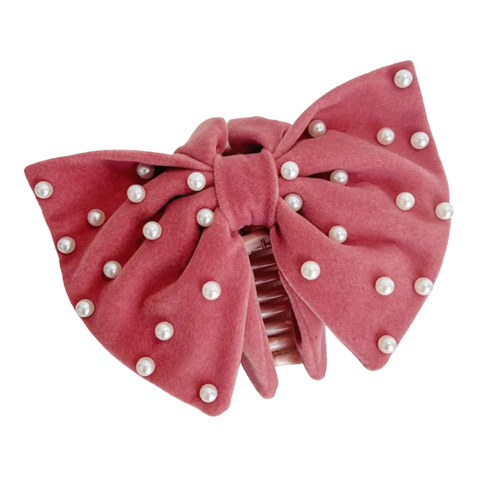 'Eva' Velvet Pink Bow Claw Clip with Pearls