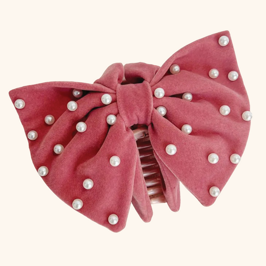 Oversized Pink Bow Claw Clip in Velvet with Pearl Embellishments 
