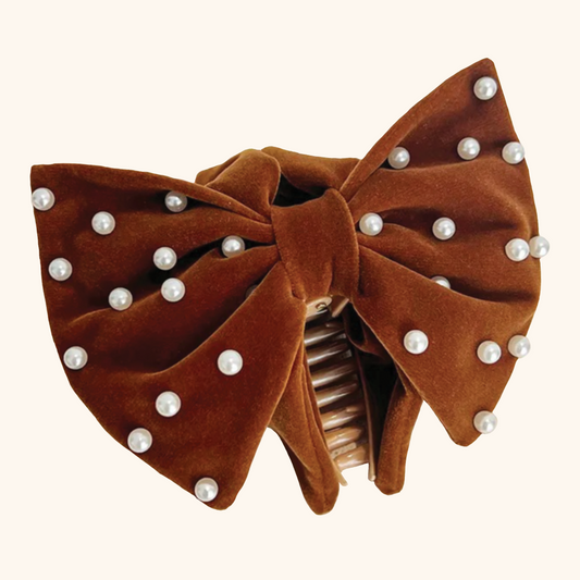 Oversized Brown Tan Bow Claw Clip in Velvet with Pearl Embellishments 
