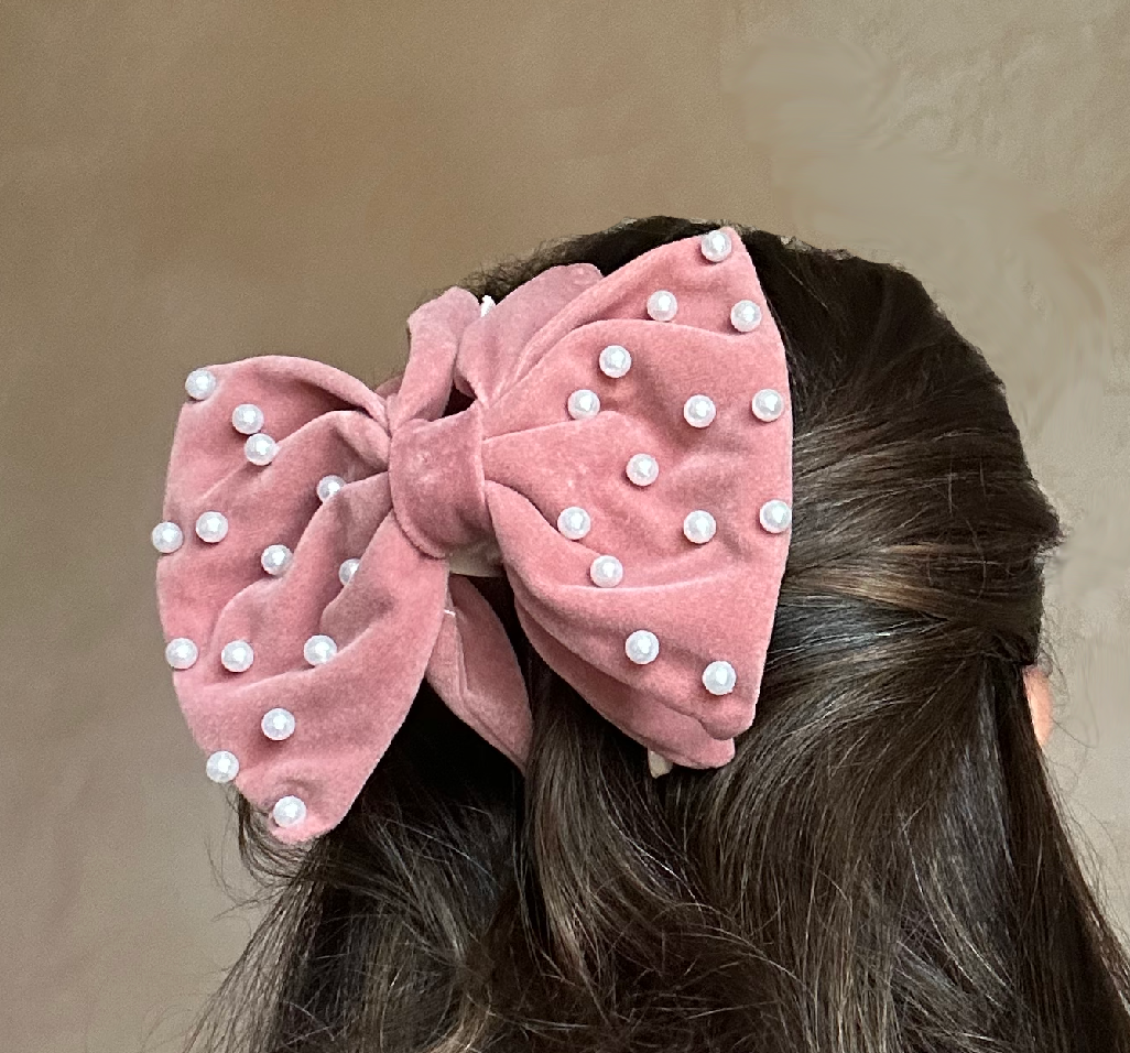 'Eva' Velvet Pink Bow Claw Clip with Pearls