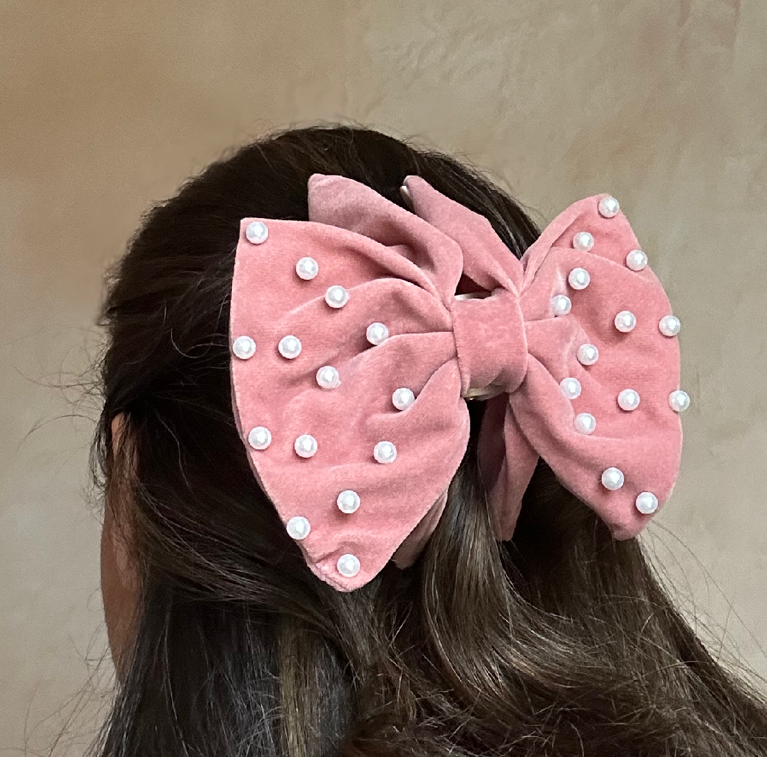 'Eva' Velvet Pink Bow Claw Clip with Pearls