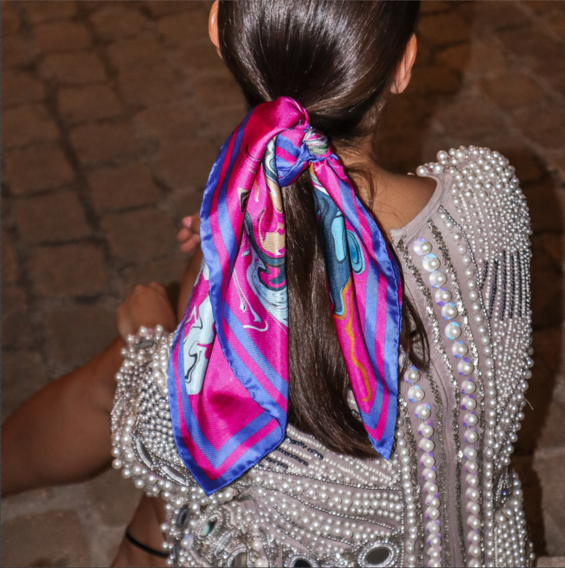 FORTUNES FAVOUR BRIGHT PINK SILK 'MARMO' HAIR TIE SCARF