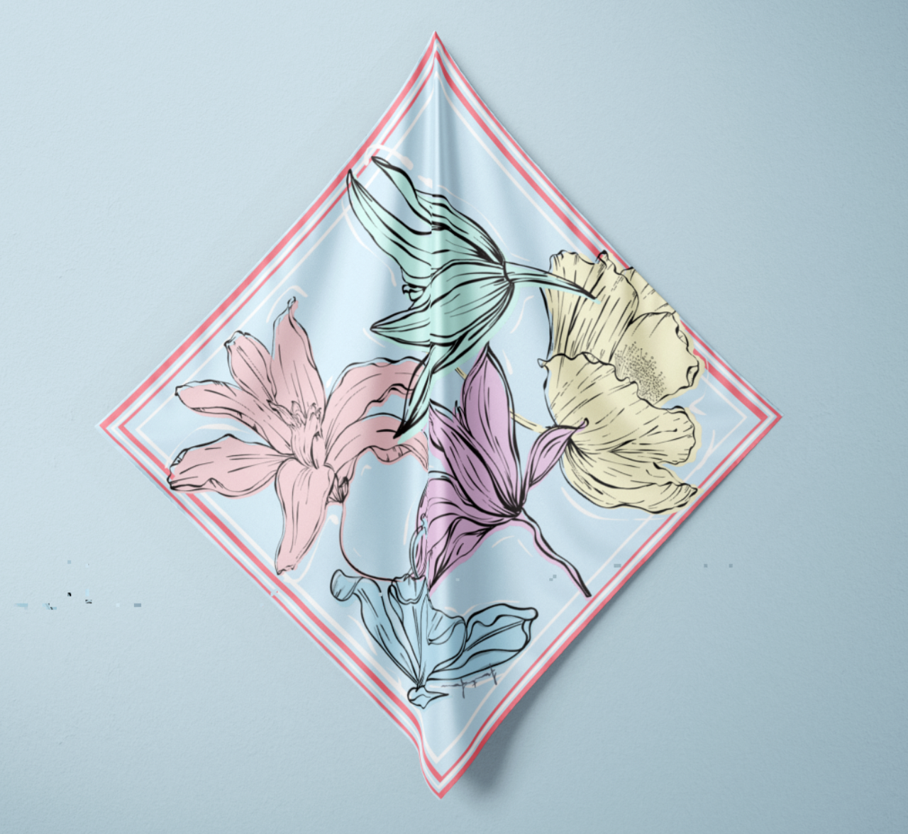 Pale Blue Silk Neck Scarf with Floral Illustrations
